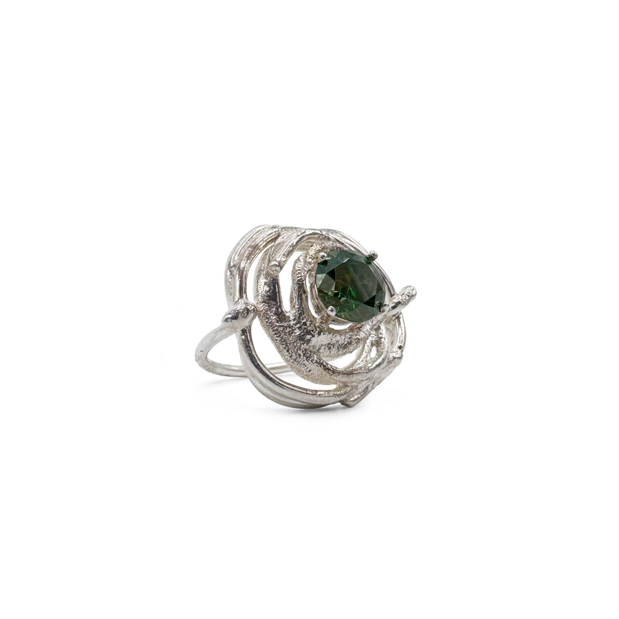 Sculpture Ring - Sterling Silver, Green Moissanite